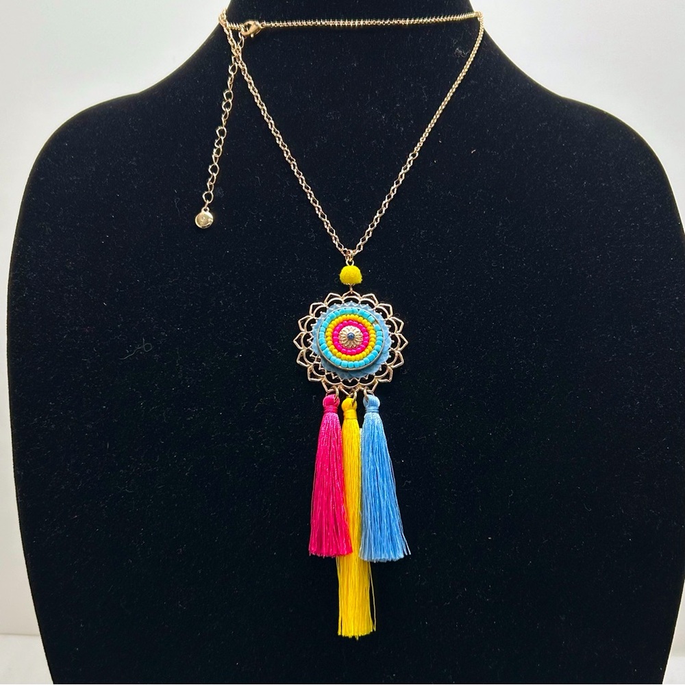 Vida, Long Gold Necklace With Beaded And Tasseled Pendant